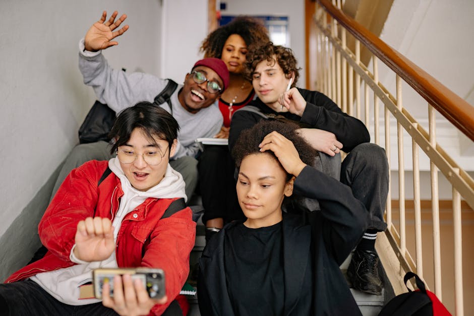 A diverse group of people posing for selfies and portraits, representing various cultures and identities, with social media icons floating around them