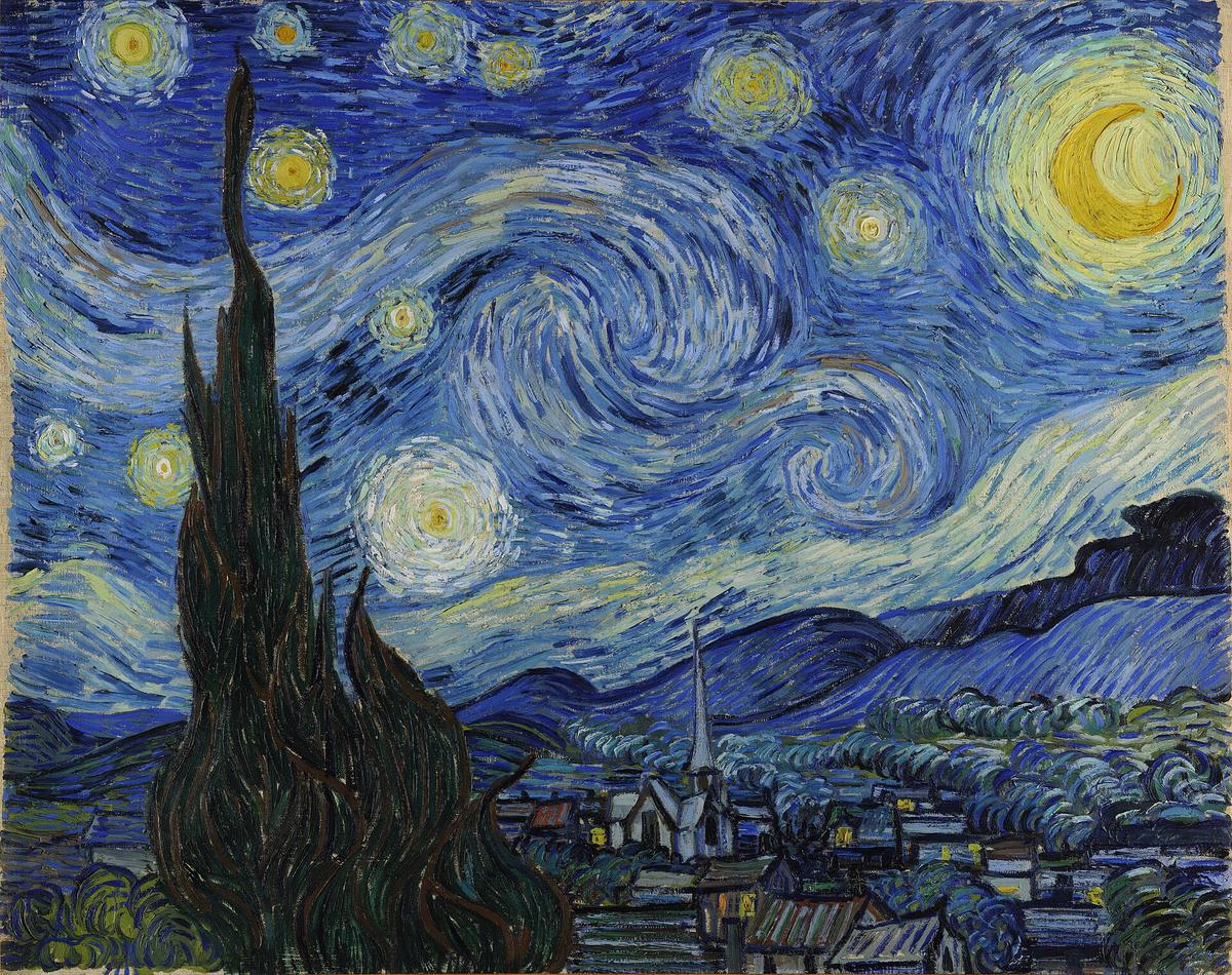 A collage showing the influence of 'The Starry Night' on various art forms and popular culture, including expressionist paintings, Disney animation, and immersive art installations