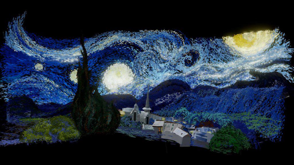 Close-up of Starry Night painting, highlighting the swirling sky, bright stars, crescent moon, and cypress tree