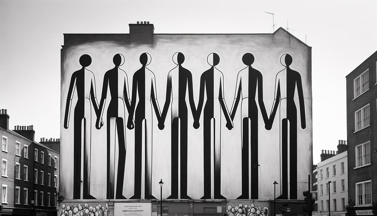 A large mural by street artist Stik on a building in London, featuring simple stick figures holding hands in black and white