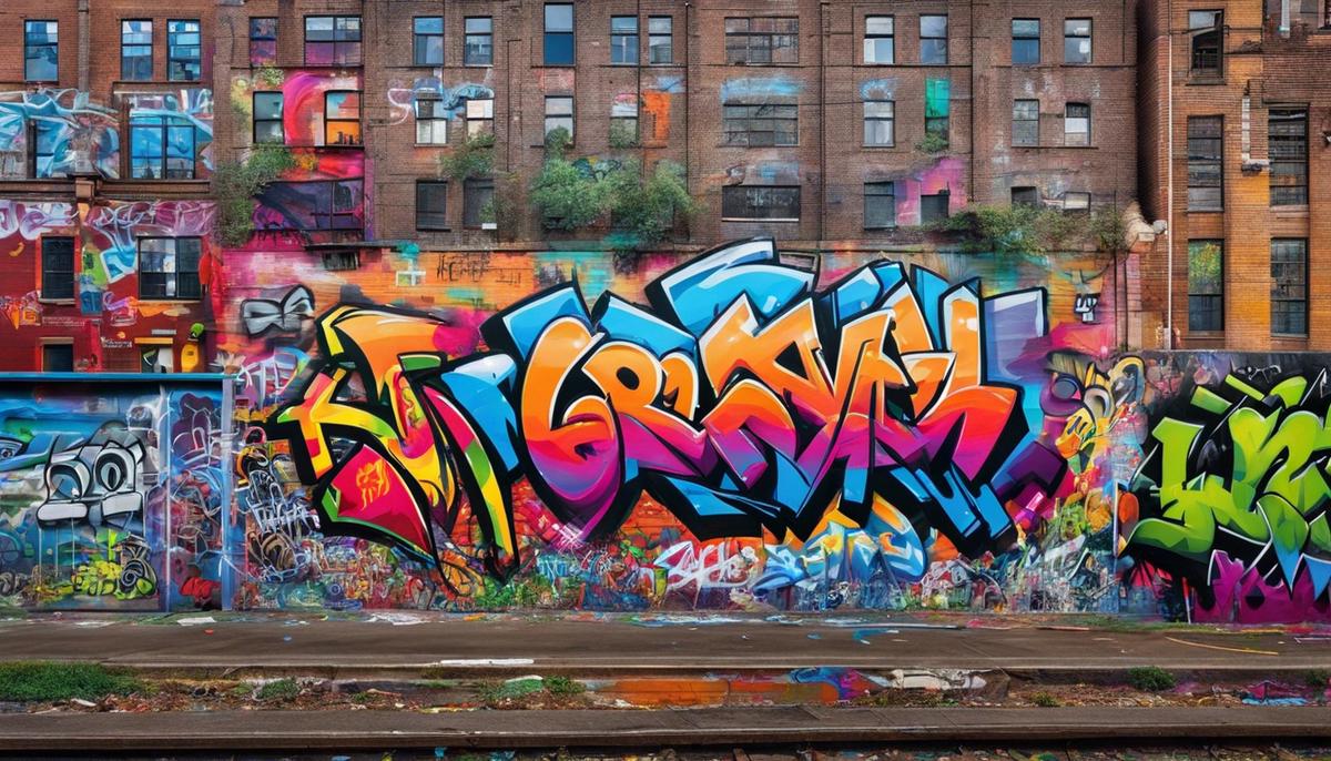 An image showing various forms of graffiti in a cityscape, representing the societal impact of graffiti