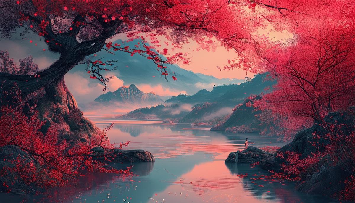 A striking digital landscape artwork by South Korean artist Su Hyun Kim, showcasing her innovative blend of traditional painting techniques and cutting-edge digital enhancements