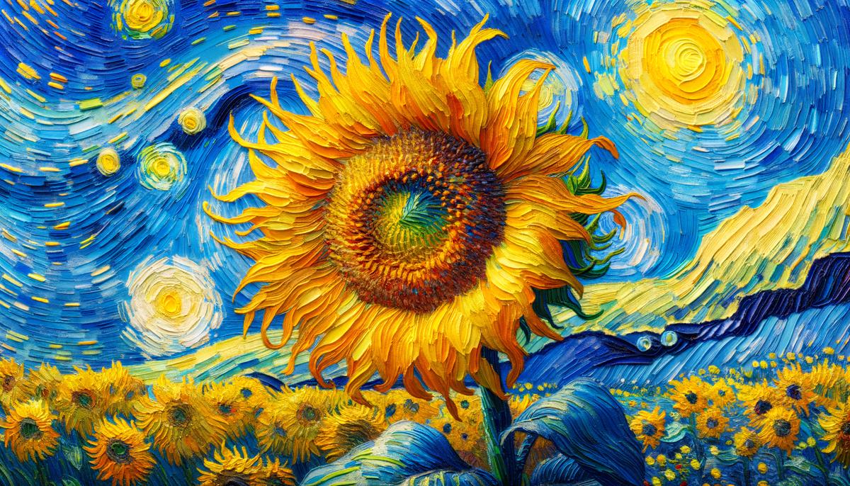 Van Gogh's Sunflowers painting, with vibrant yellow flowers against a blue background