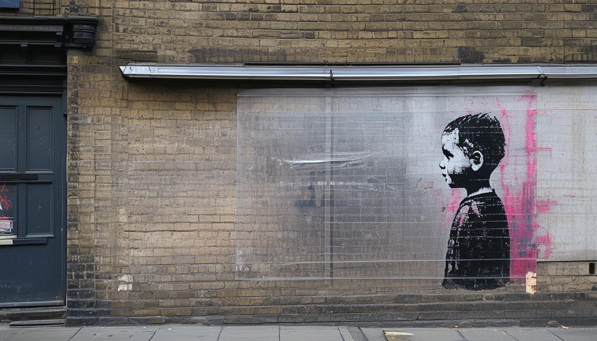 A partially faded Banksy mural in London, protected by a perspex sheet, illustrating the varying degrees of preservation efforts for his street art