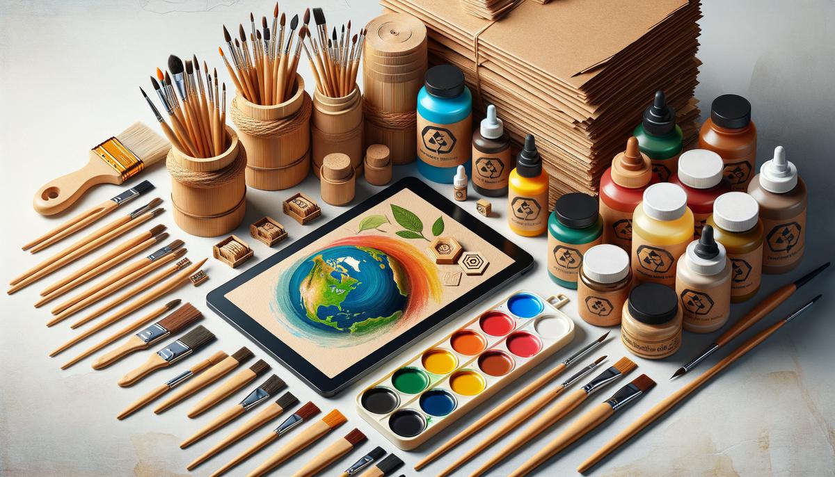 A variety of sustainable art materials like bamboo, recycled paper, natural paints, biodegradable glues, and digital tools for eco-friendly creation. Avoid using words, letters or labels in the image when possible.