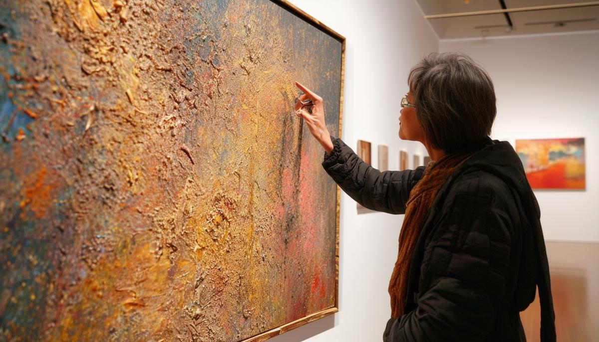 A person closely examining a large, textured painting in an art gallery