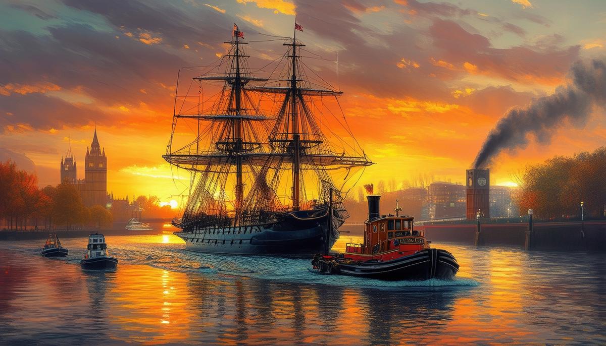 An oil painting depicting the warship Temeraire being towed by a steam-powered tug boat on the River Thames at sunset