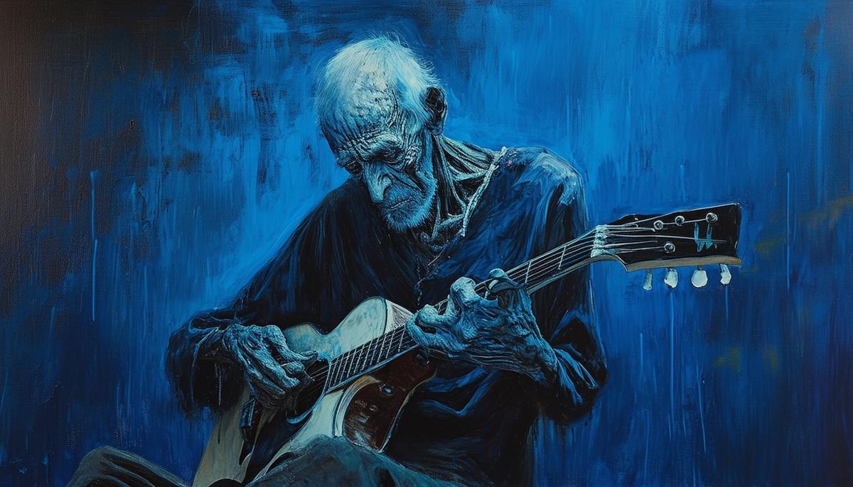 A somber blue-toned painting of an emaciated old man playing a guitar