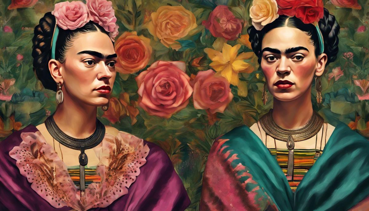 A digital painting of Frida Kahlo's 'The Two Fridas,' showcasing the duality of her identity and the magical realist elements in her work