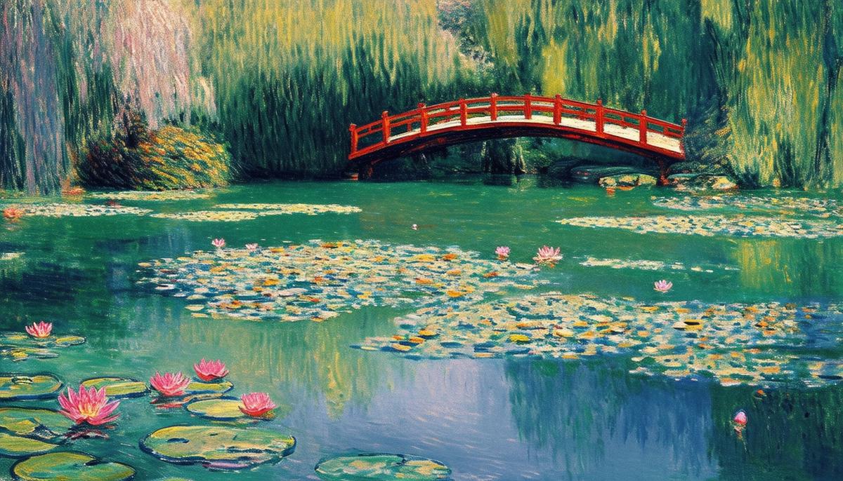 The Water-Lily Pond painting by Claude Monet showing a pond with water lilies and a Japanese bridge
