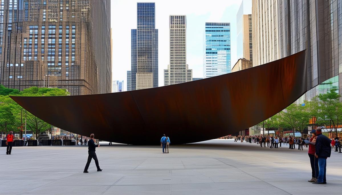 Richard Serra's 'Tilted Arc' sculpture in its original location at Federal Plaza in New York City, with the curved steel wall dominating the space and obstructing pedestrian traffic, symbolizing the legal and ethical challenges surrounding public art and the balance between artistic expression and community consent.