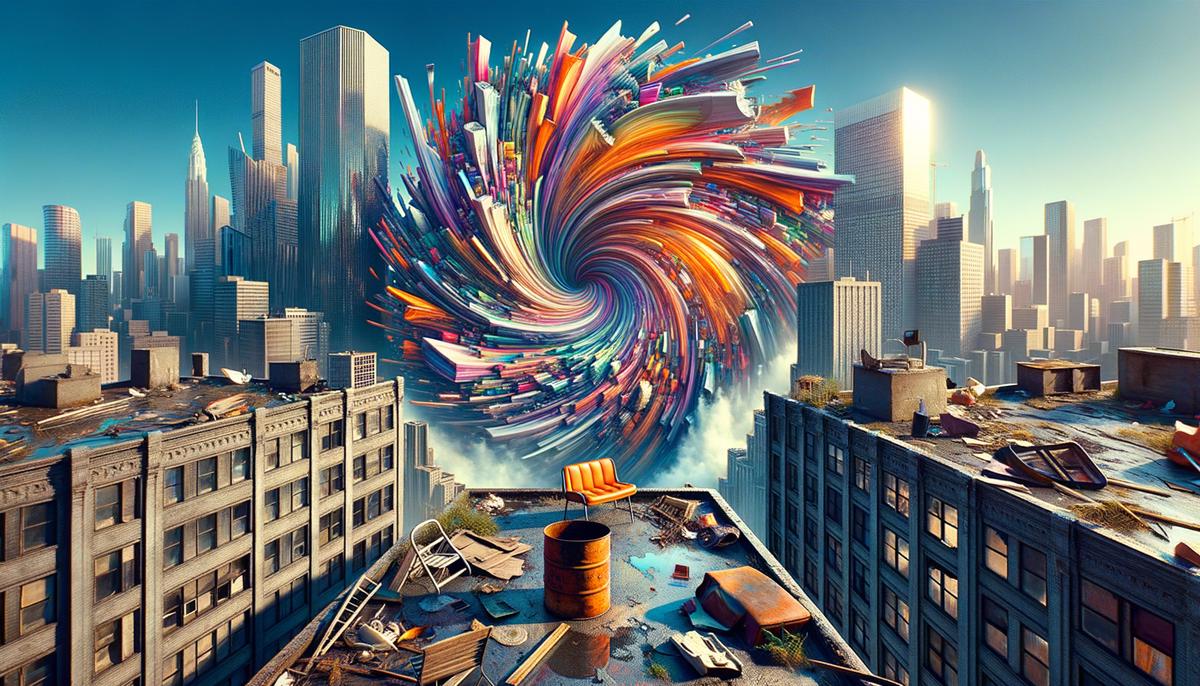 Surreal cityscape painting by Edith Torony with kaleidoscopic colors and discarded items as protagonists