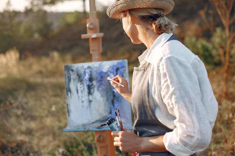 A serene scene of an artist painting in a peaceful natural setting