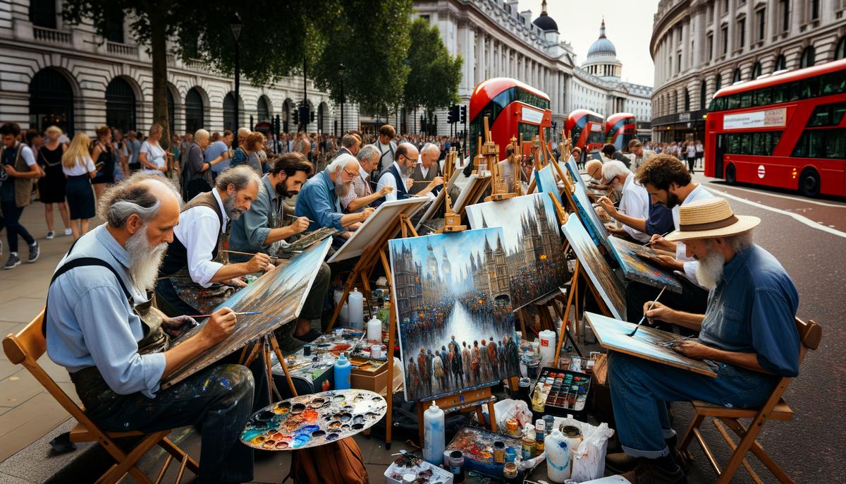 A diverse group of artists painting on the streets of London.