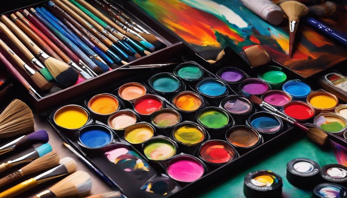 A vibrant image showcasing various art supplies and paintings, representing the creativity and passion of a London art student.