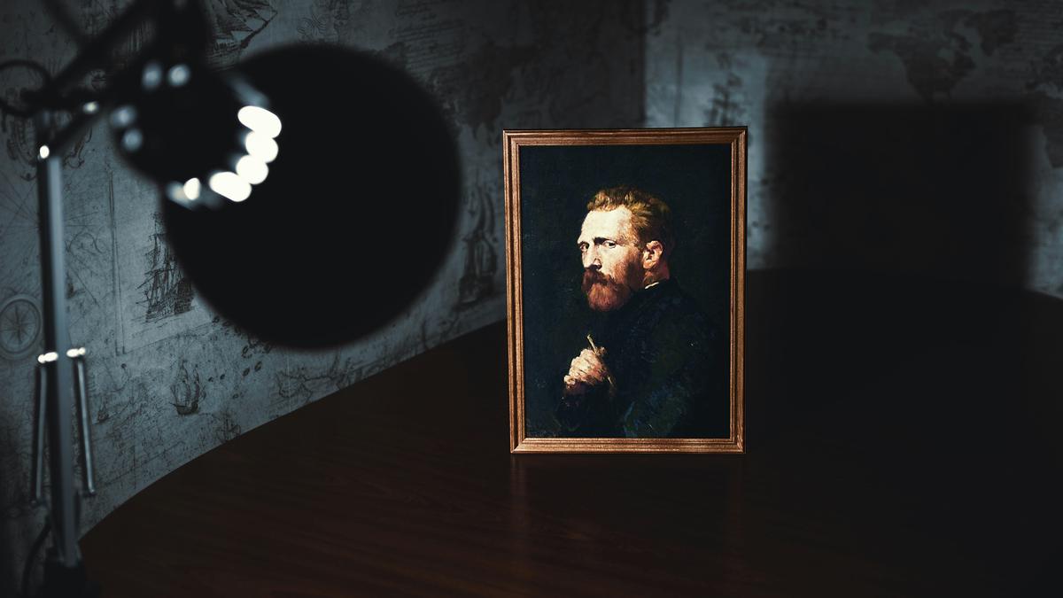 A self-portrait of Vincent Van Gogh, with a pensive expression and his distinctive vibrant brushstrokes.