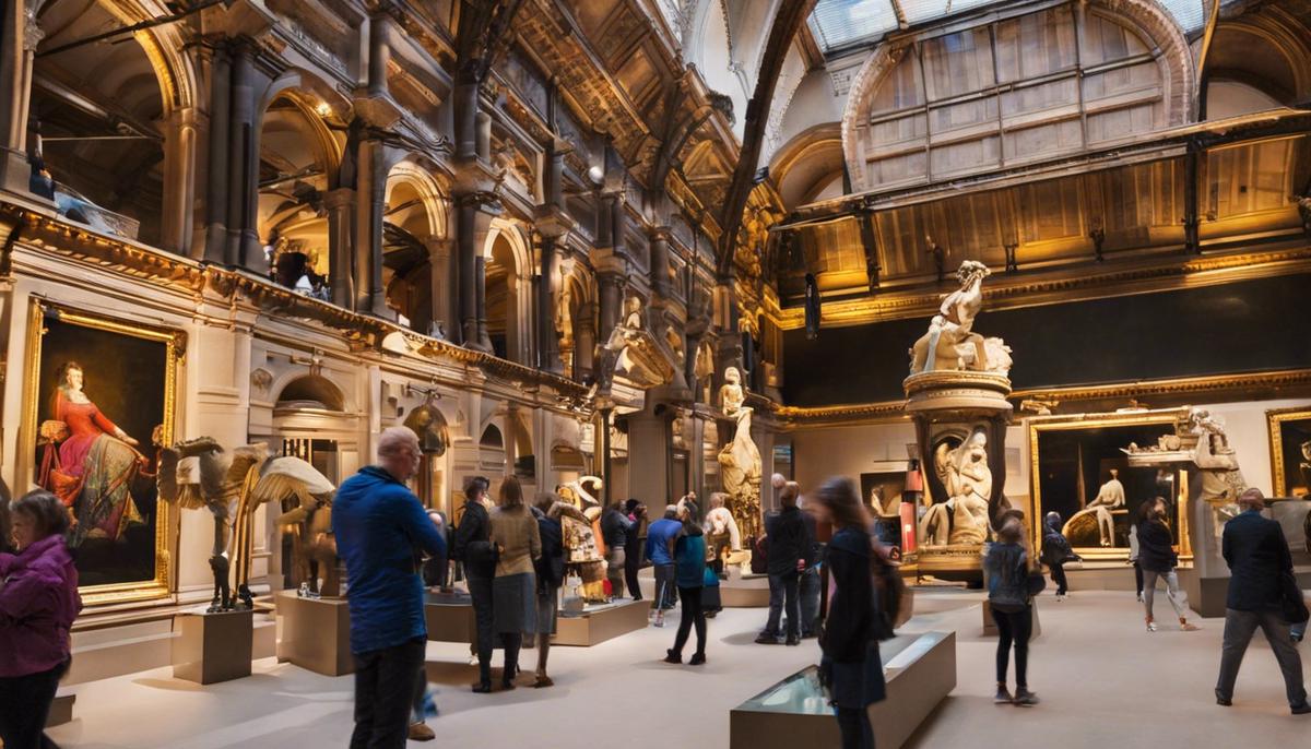 People enjoying exhibits at the Victoria and Albert Museum in London at night