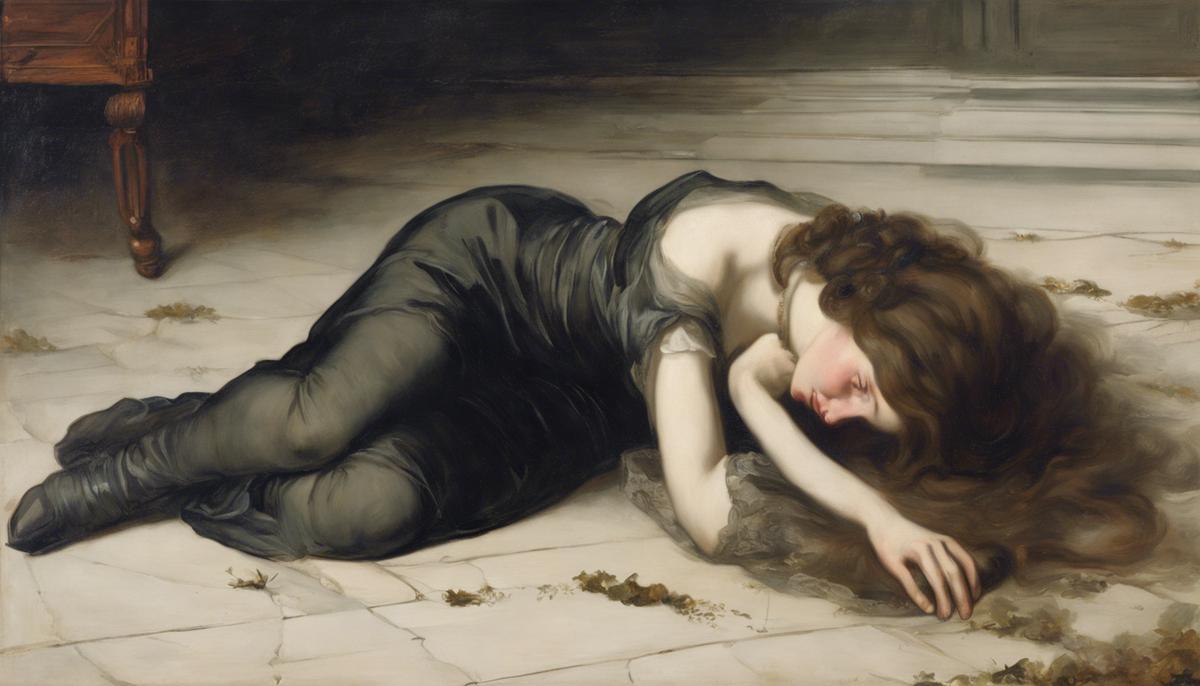 A painting depicting a 'fallen woman' from Victorian society, with a somber and pensive expression