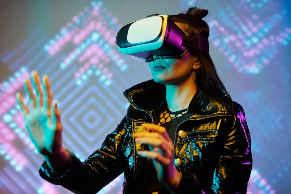 A person wearing VR goggles interacting with digital art in a virtual gallery