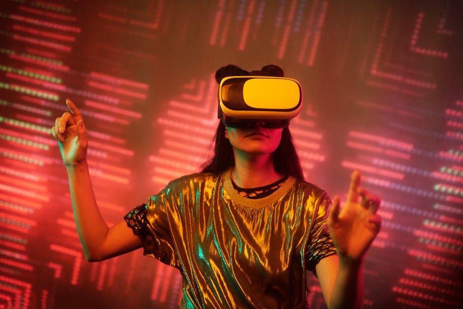 A person wearing VR goggles interacting with dynamic, three-dimensional gradients in a virtual space