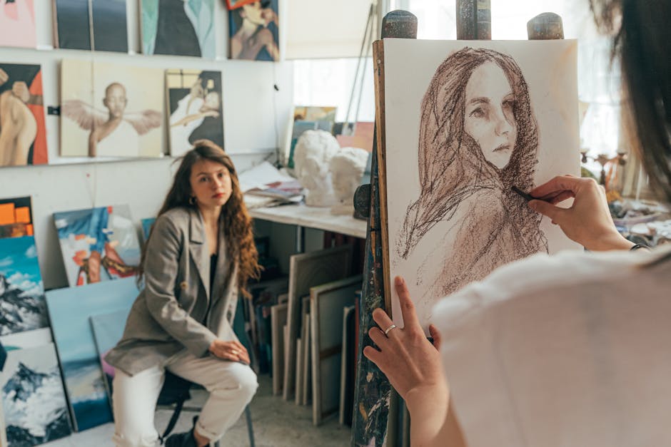 An artist drawing a portrait with imaginary horizontal and vertical lines overlaid to ensure proper alignment and proportions of facial features.