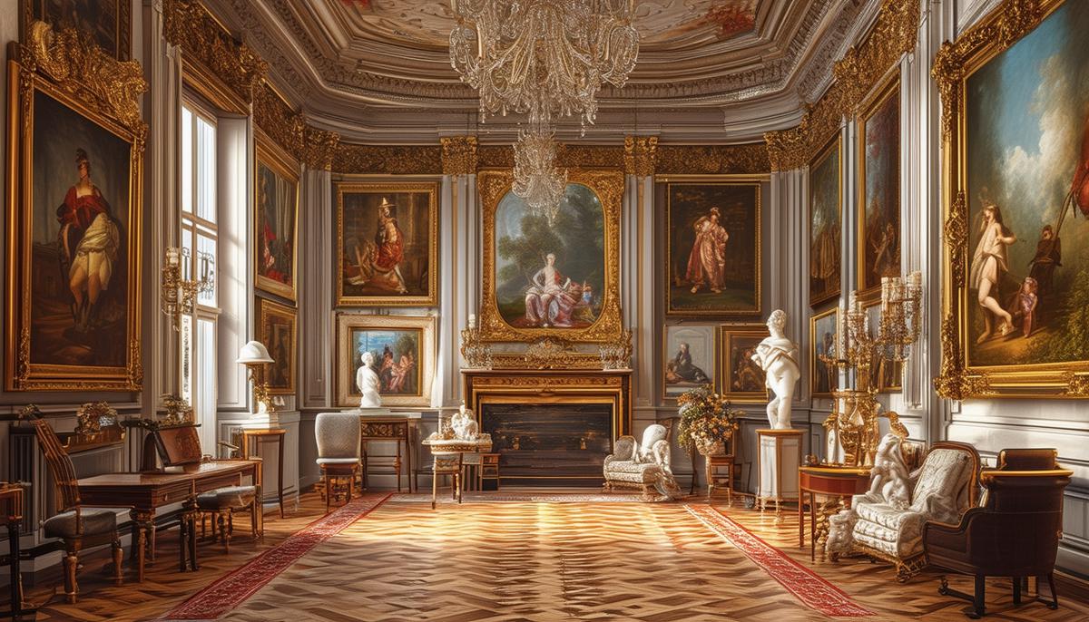 A luxurious interior of the Wallace Collection, showcasing the grandeur of 18th-century French artistry through paintings, furniture, and sculptures, creating an atmosphere of opulence and cultural profundity.