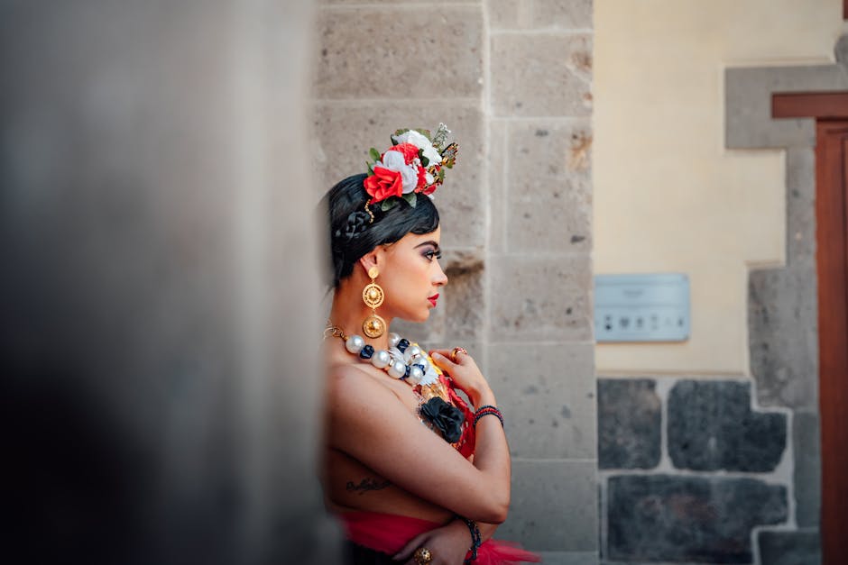 A portrait of young Frida Kahlo with traditional Mexican attire and a determined expression